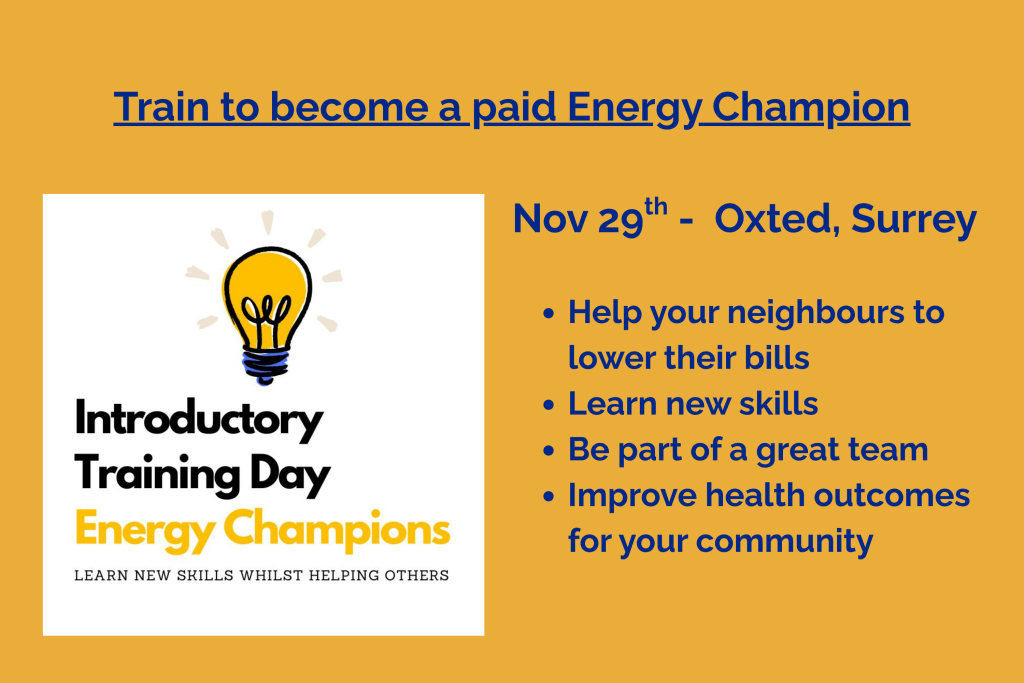 Poster advertising energy champion training for surrey energy surveys in Oxted, Surrey on November 29th 2025