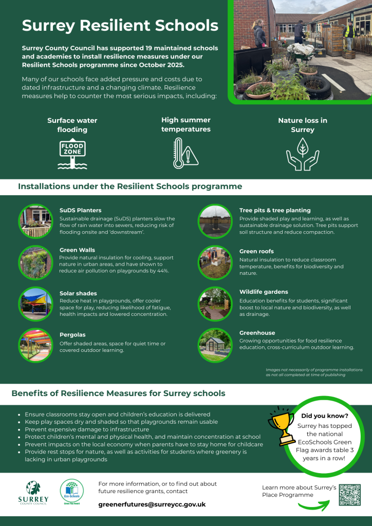 Poster detailing the work done across 21 Surrey schools as a result of the Resilient Schools programme